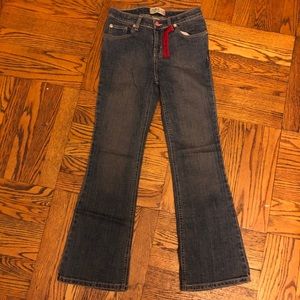 dark blue flare stretch jeans with pink undertone